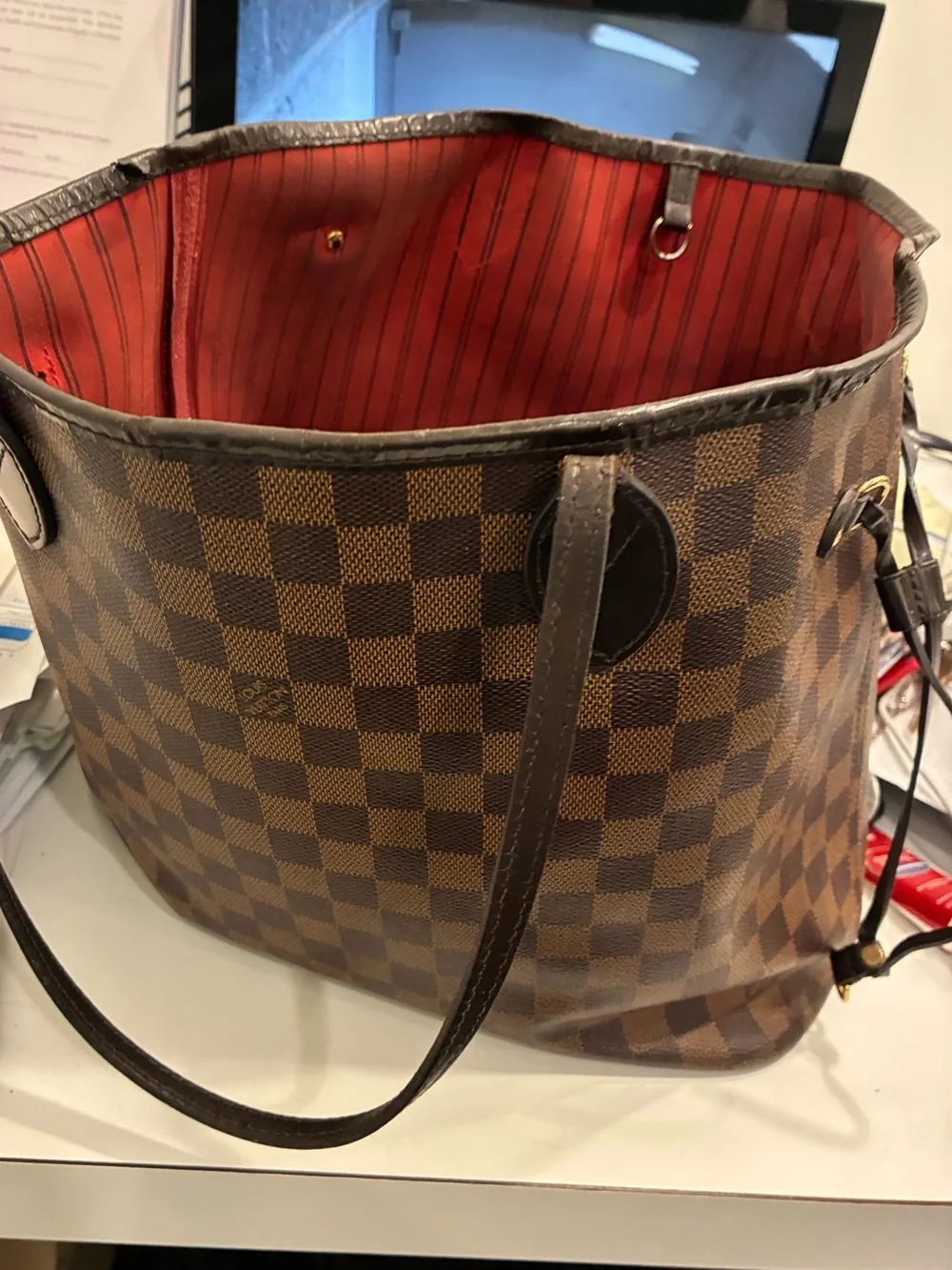 Louis Vuitton Brown Damier Ebene Tote with Red Interior